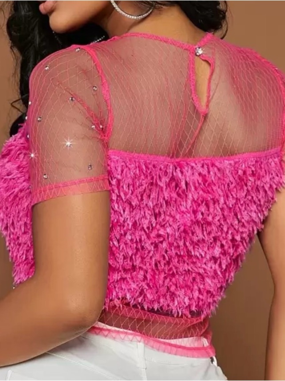 Hot Pink Sheer Mesh Top with Fuzzy Crop Panel - Picture 2 of 4